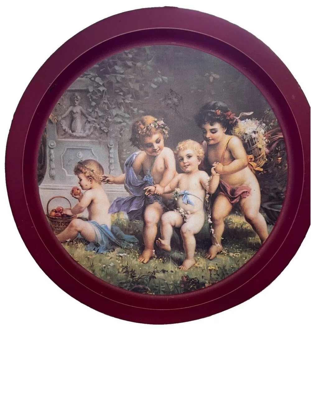 Vintage Angelic Cherub Victorian Round Metal Tray Floral Burgundy, shabby chic
